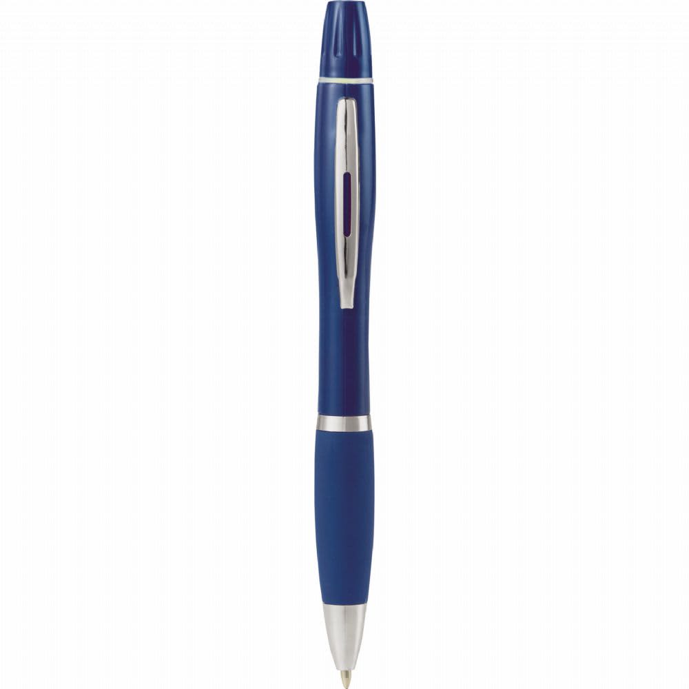 A navy blue pen-highlighter with a silver clip and accents, featuring a sleek design and a logo on the barrel.