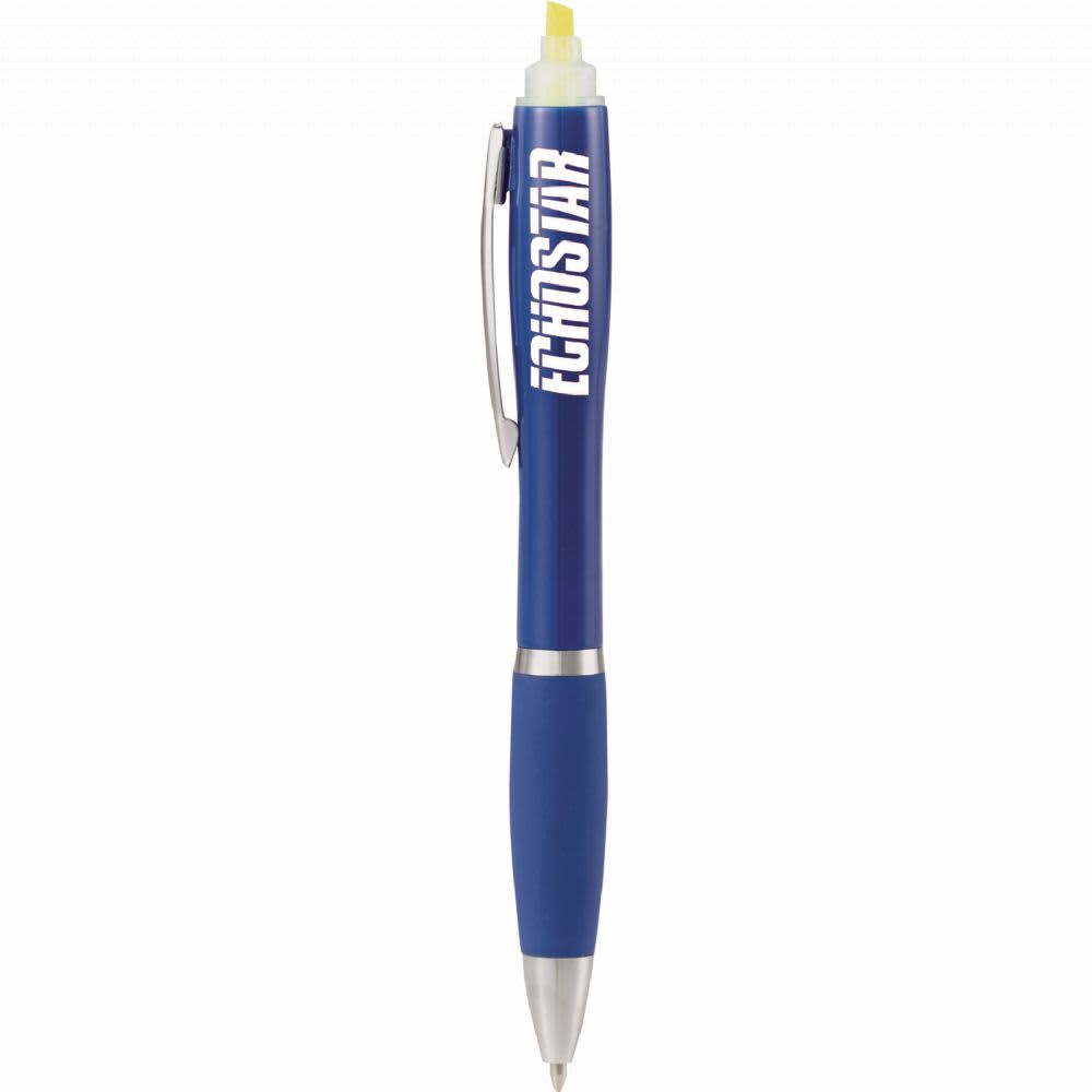 A blue pen with a built-in highlighter and a clip, featuring a logo on the barrel.