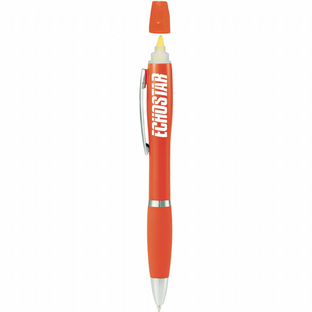 An orange pen-highlighter with a retractable pen tip and a cap, featuring a logo on the barrel.