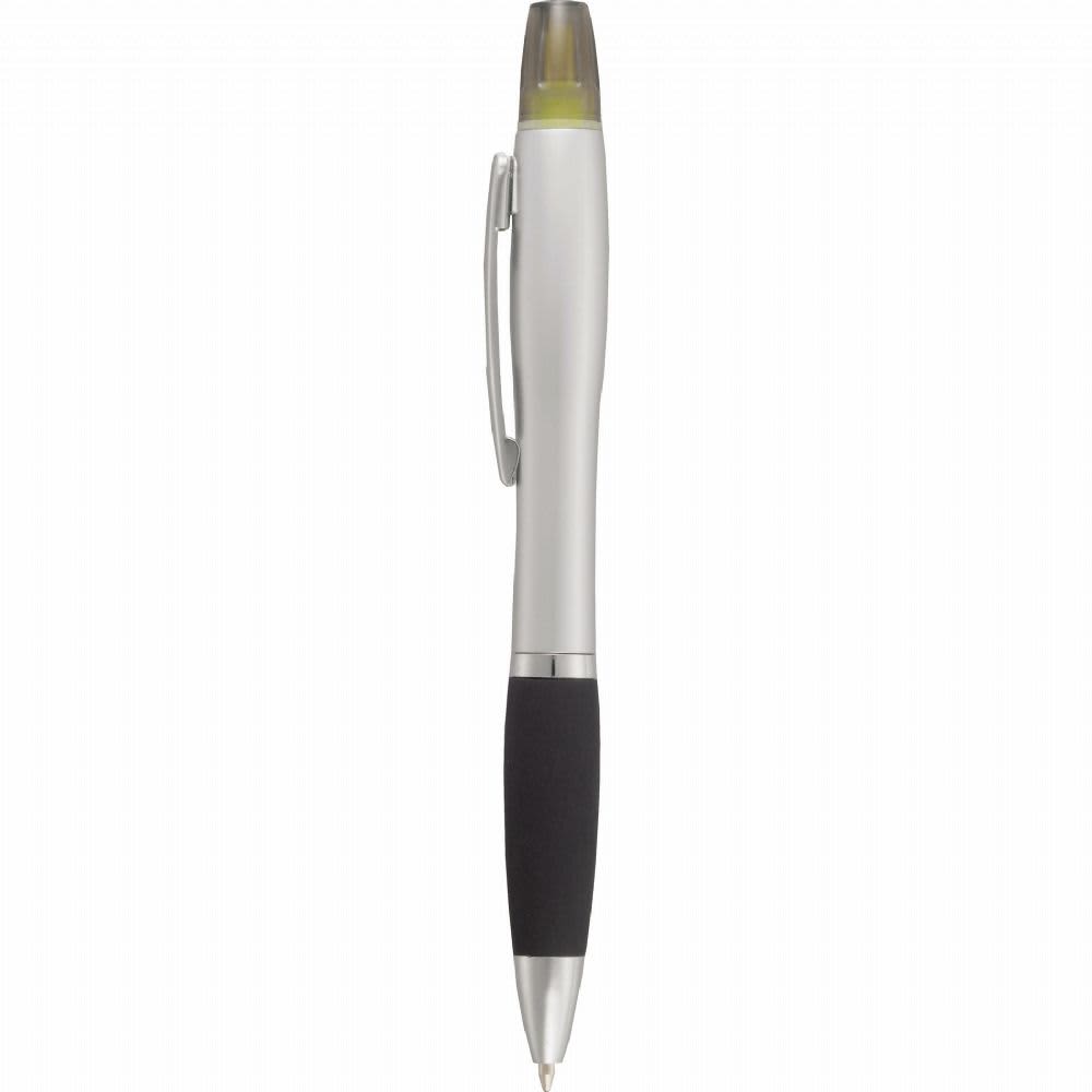 A silver pen-highlighter with a black rubber grip and a translucent yellow cap. It features a branding logo.