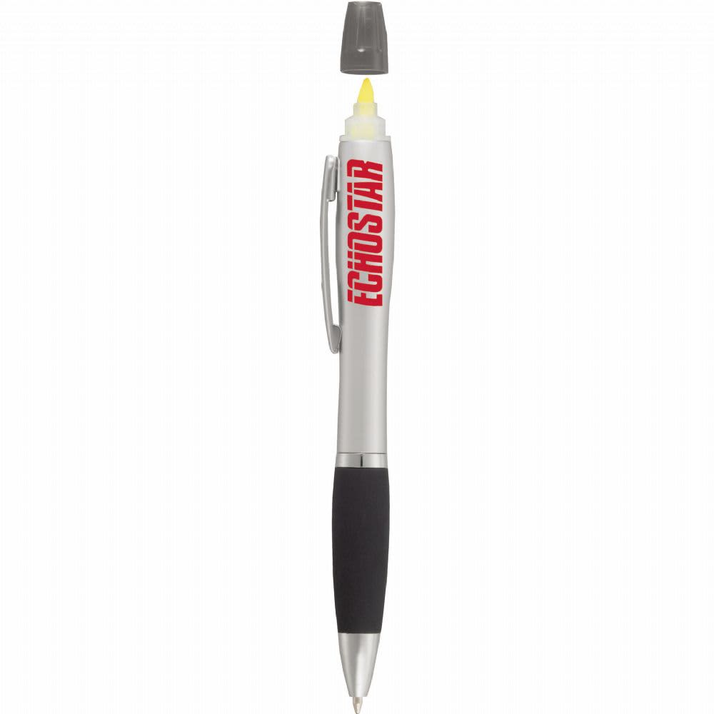 A silver pen-highlighter with a black grip and a transparent cap, featuring a logo on the side.