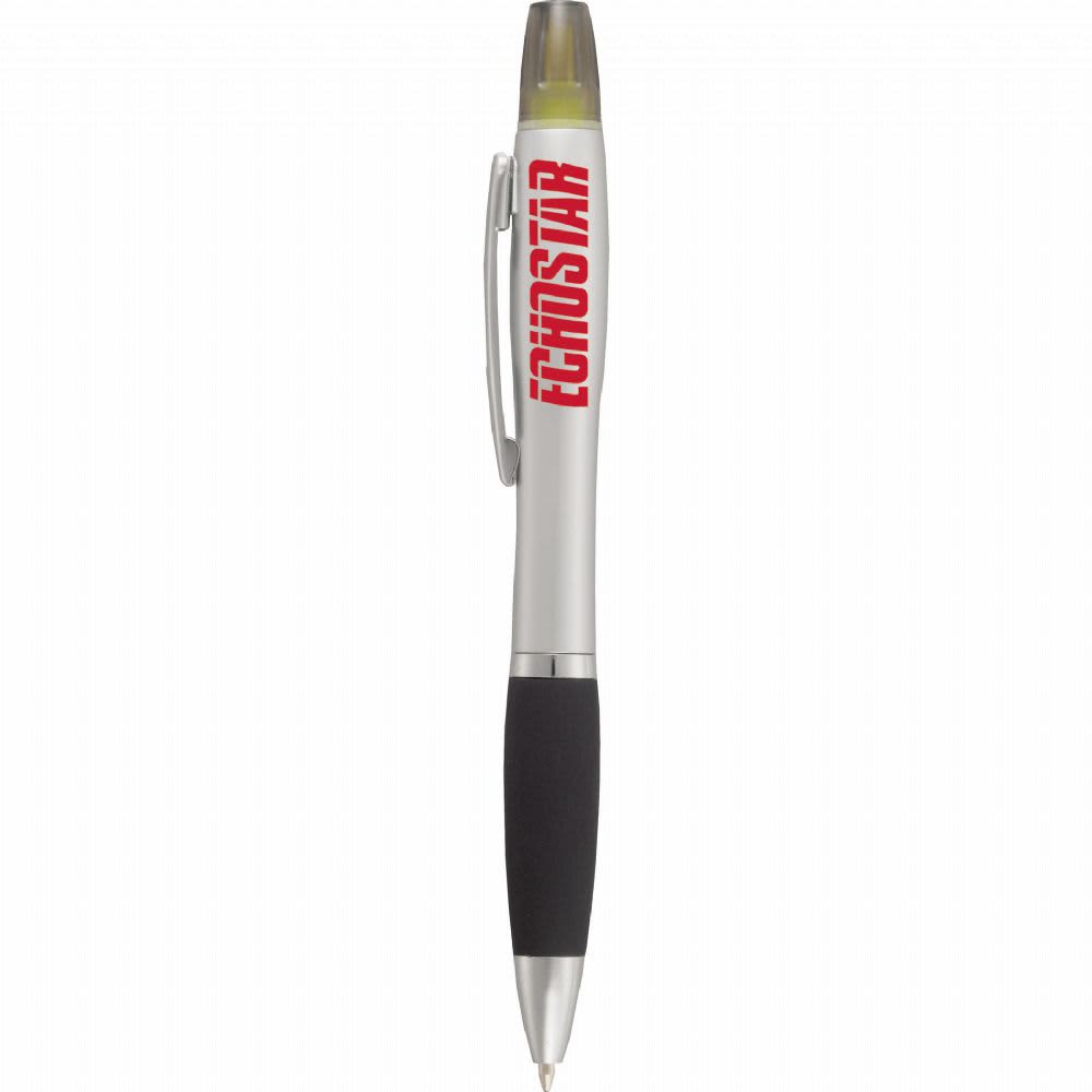 A silver pen with a black rubber grip and a yellow highlighter tip, featuring a logo on the side.