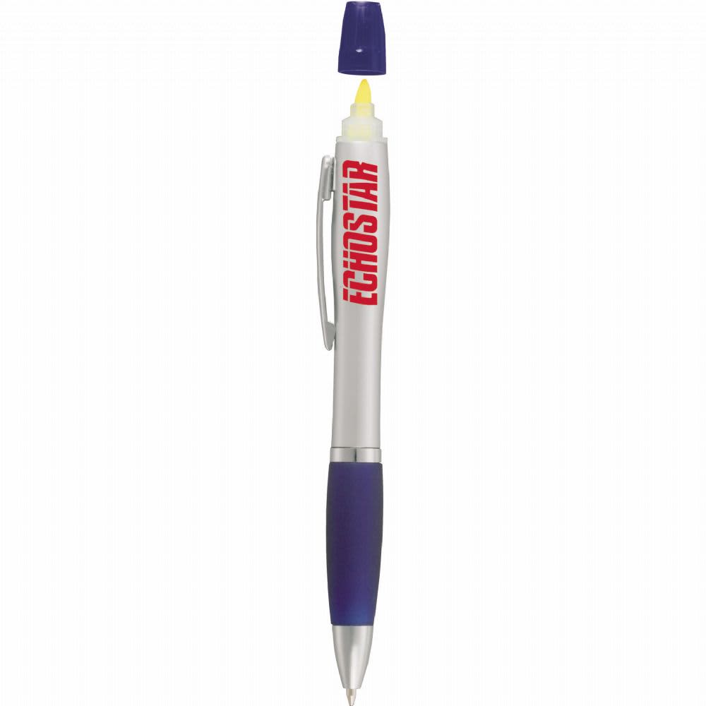 A silver pen with a purple grip and cap, featuring a highlighter tip beneath the cap, and displaying a logo.