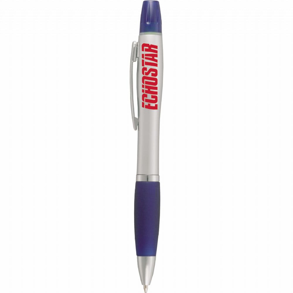 A silver pen with a purple grip and a blue highlighter tip. The pen features a logo on the barrel.