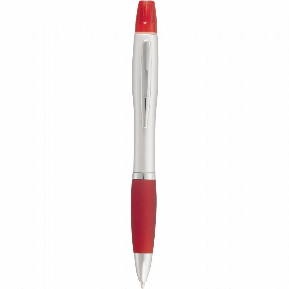 A silver pen with a red cap and grip, featuring a logo on the barrel.