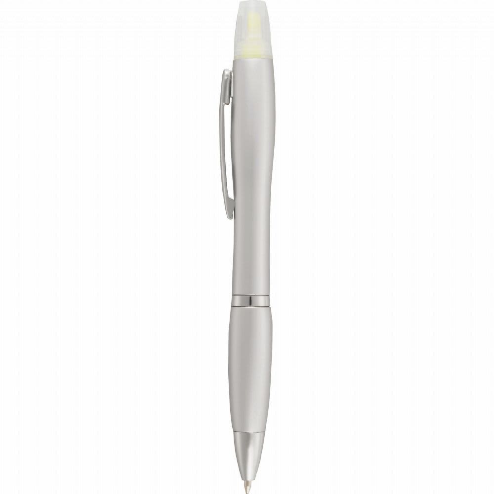 A silver pen-highlighter with a clip and dual ends for writing and highlighting. It features a branding logo.