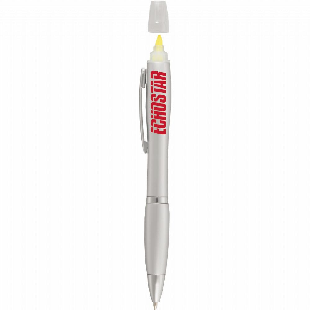 A silver pen with a highlighter tip, featuring a clip and a branding logo. The highlighter is yellow.