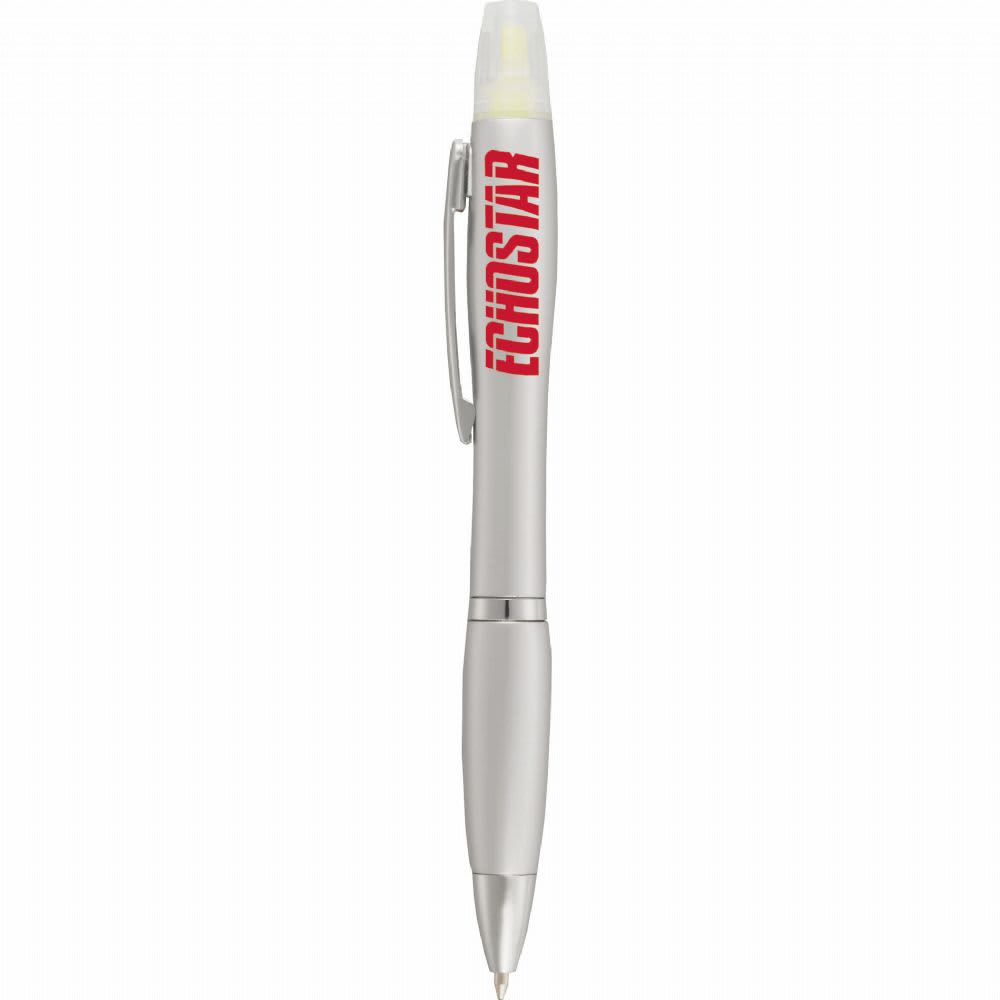 A silver pen with a highlighter tip and a visible logo. The pen features a sleek design and a click mechanism.