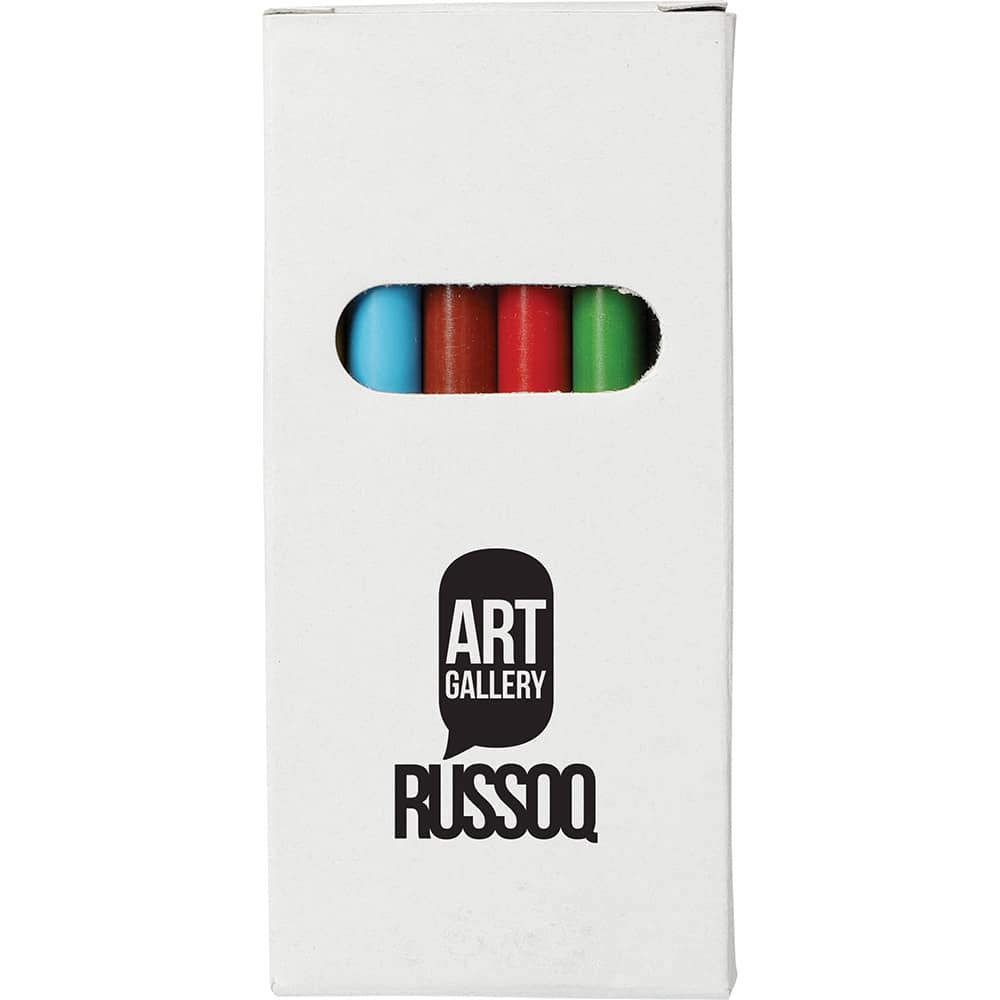 A box containing six coloured pencils in blue, red, green, and other shades, with branding on the packaging.