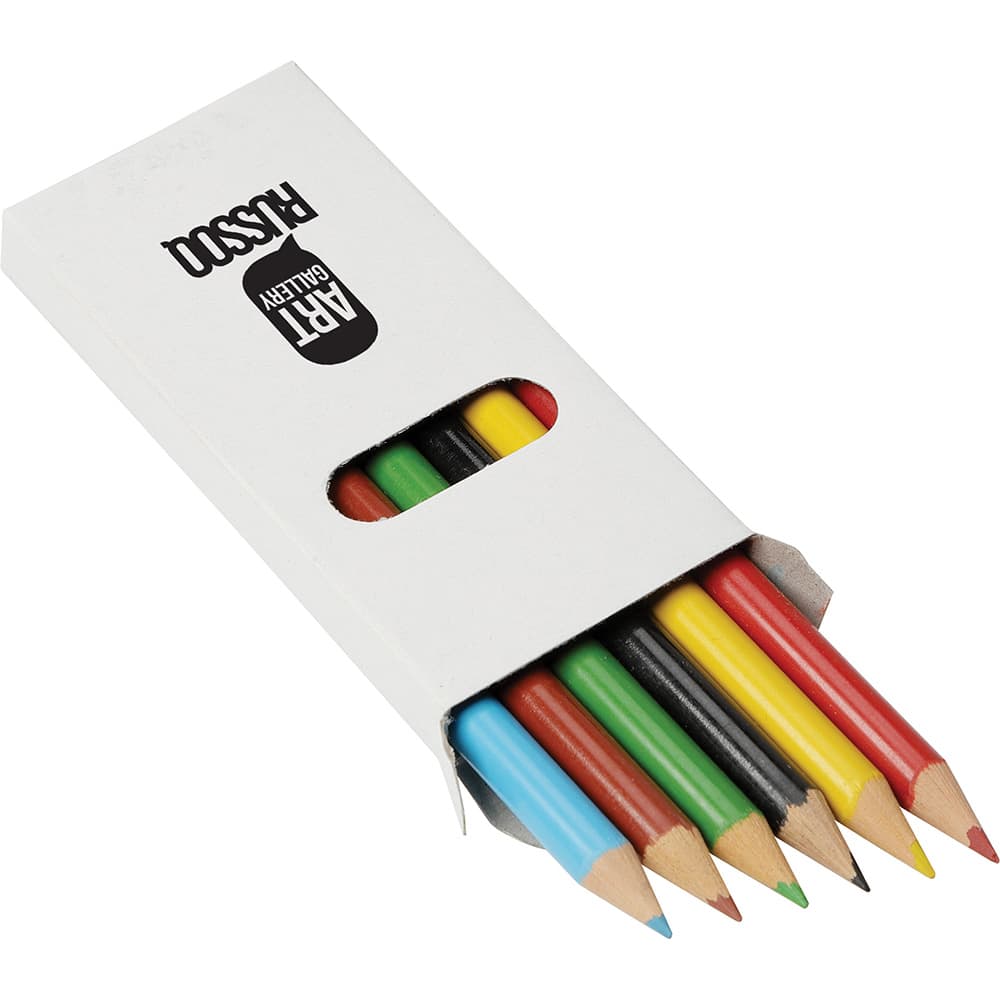 A coloured pencil set featuring six vibrant pencils: blue, green, yellow, red, black, and brown, in a white packaging with a logo.