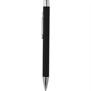 A metal pen in black with a soft touch finish and silver accents, featuring a clip and a logo.