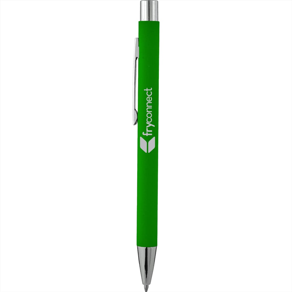 A green soft touch metal pen with a silver clip and a logo on the barrel.