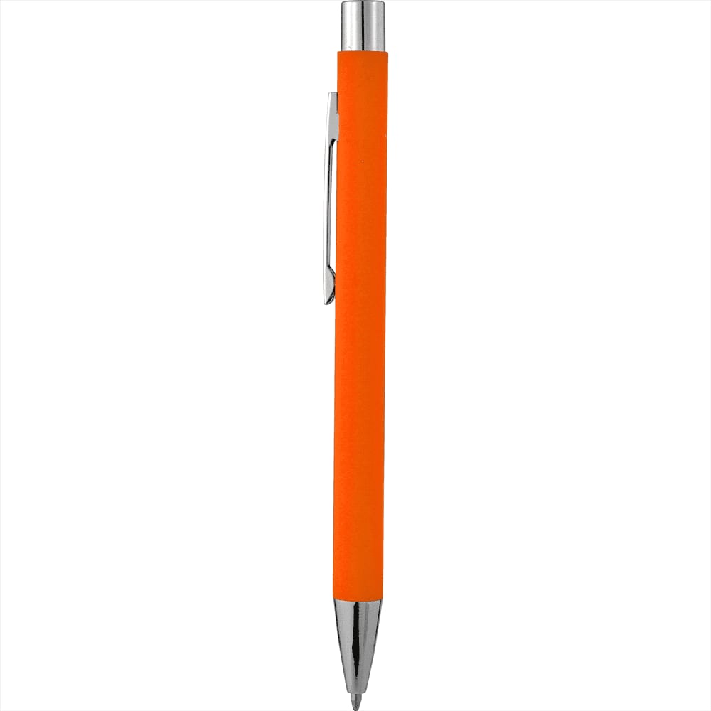 An orange metal pen with a soft touch finish and a chrome clip. The pen features a logo on its barrel.