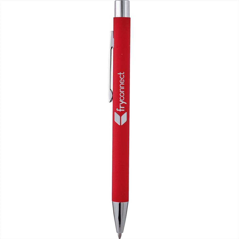 A red metal pen with a soft touch finish and silver accents, featuring a logo on the side.