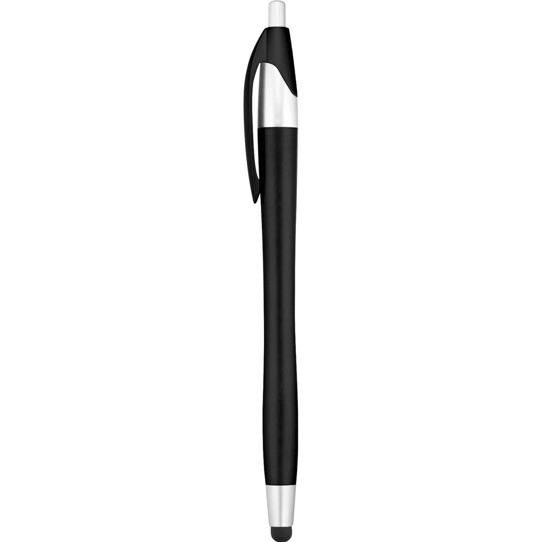 A black pen-stylus with a sleek design and silver accents, featuring a branding logo.