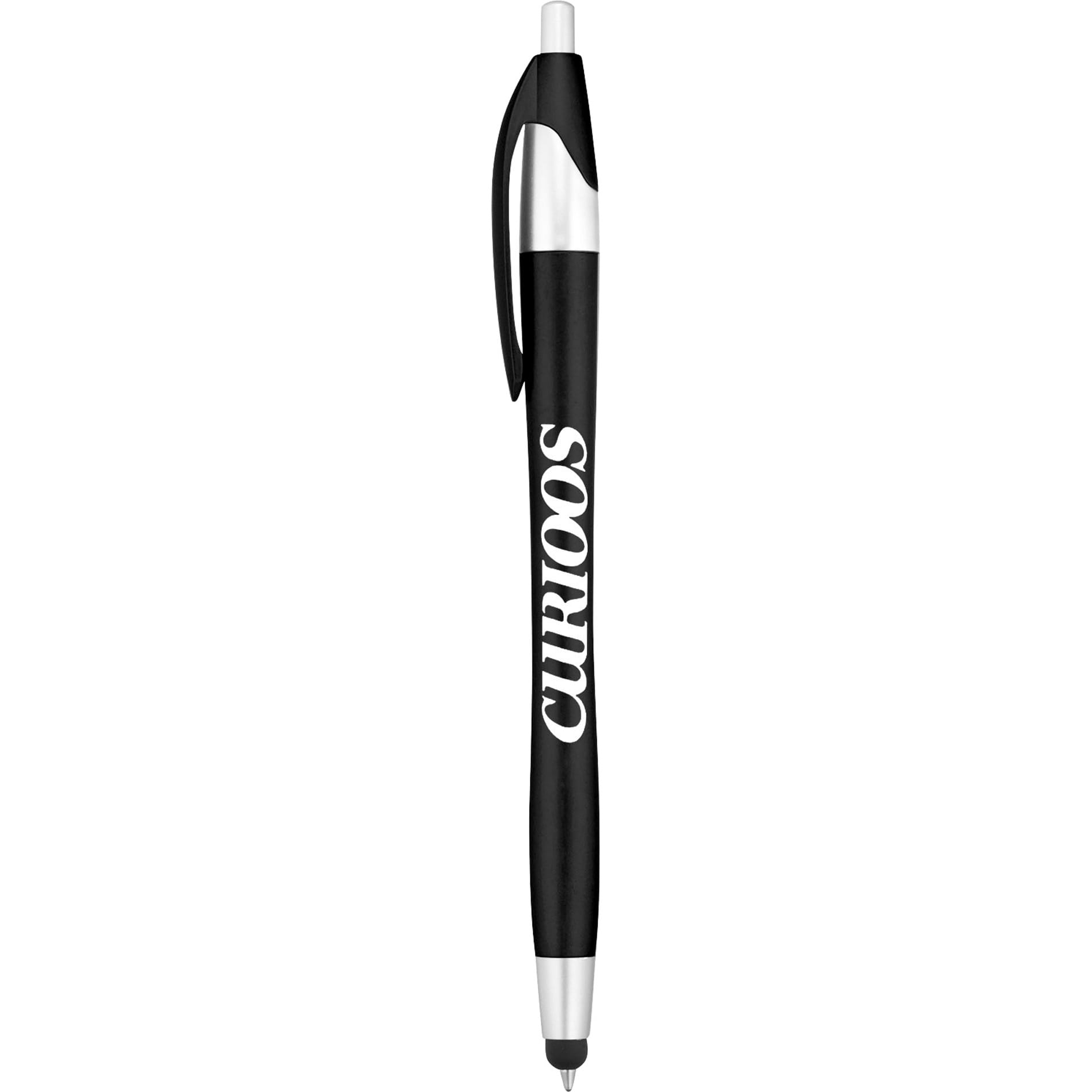 A black stylus pen with a silver clip and branding on the barrel.
