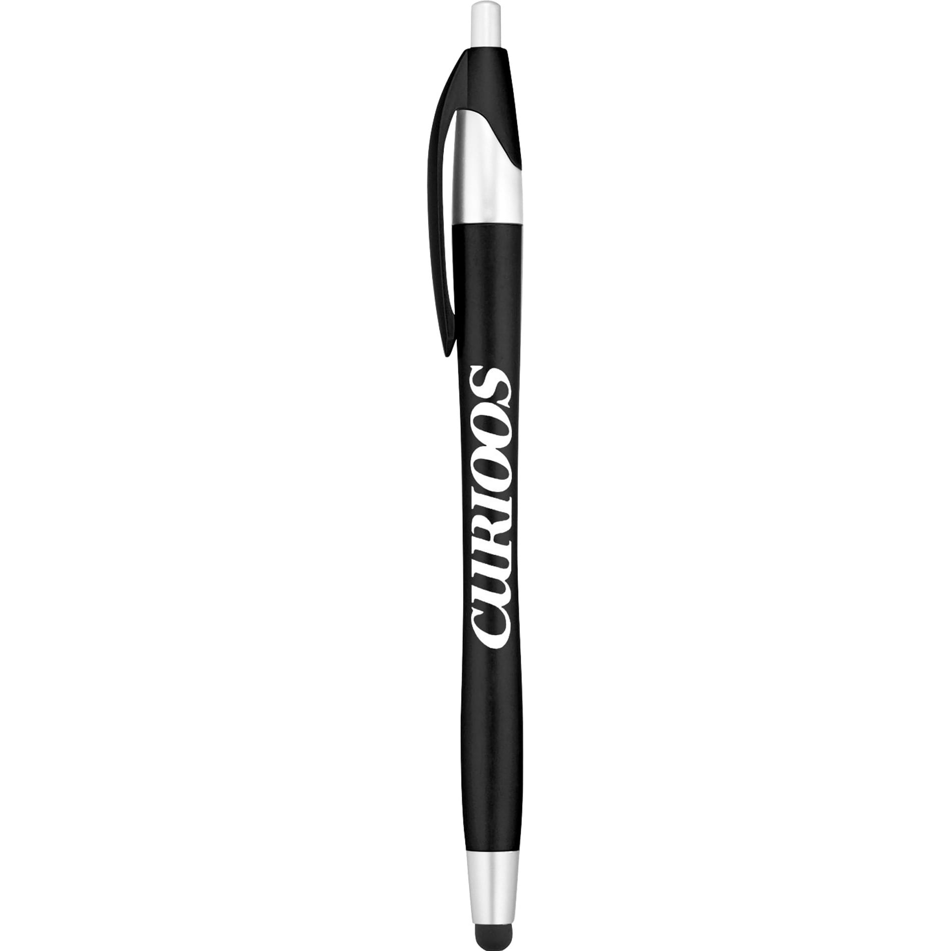 A sleek black pen-stylus with a silver clip and branding, featuring a tapered design for comfortable writing.