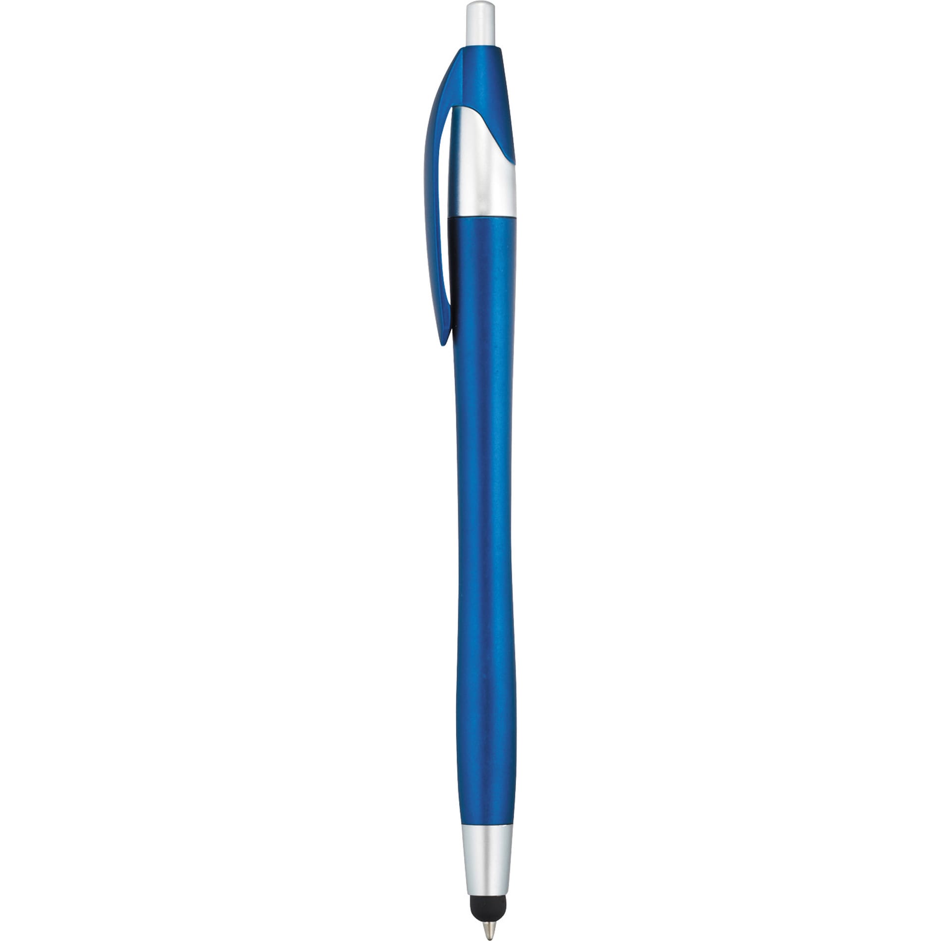 A blue stylus pen with a silver clip and tip, featuring a sleek, modern design and a branding logo.