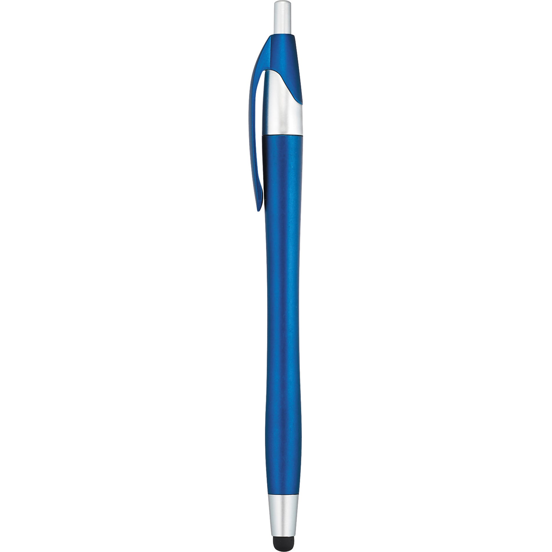 A blue stylus pen with a sleek design and silver accents, featuring a logo on the barrel.