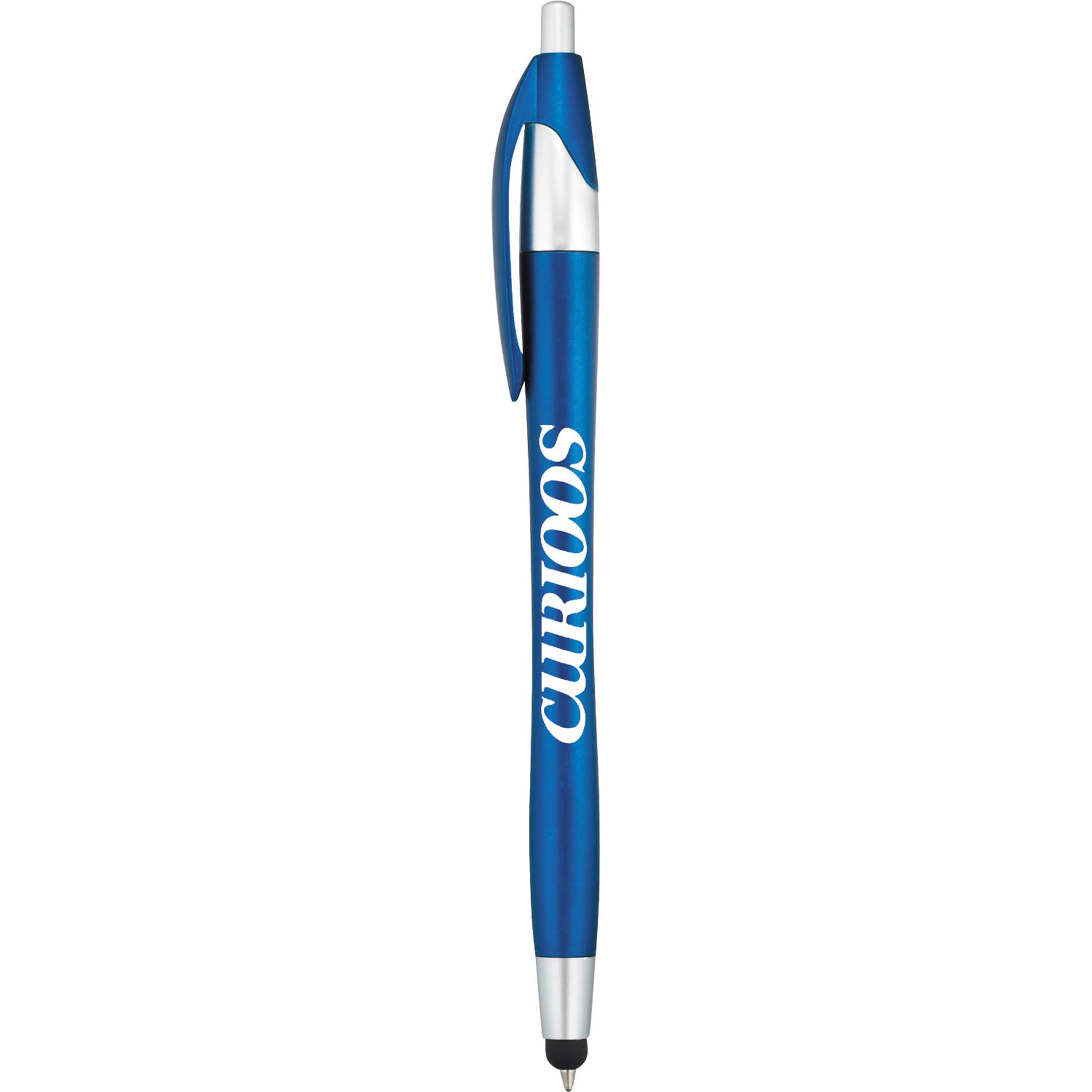 A blue stylus pen with a sleek design and a clip for easy attachment. It features a logo on the barrel.