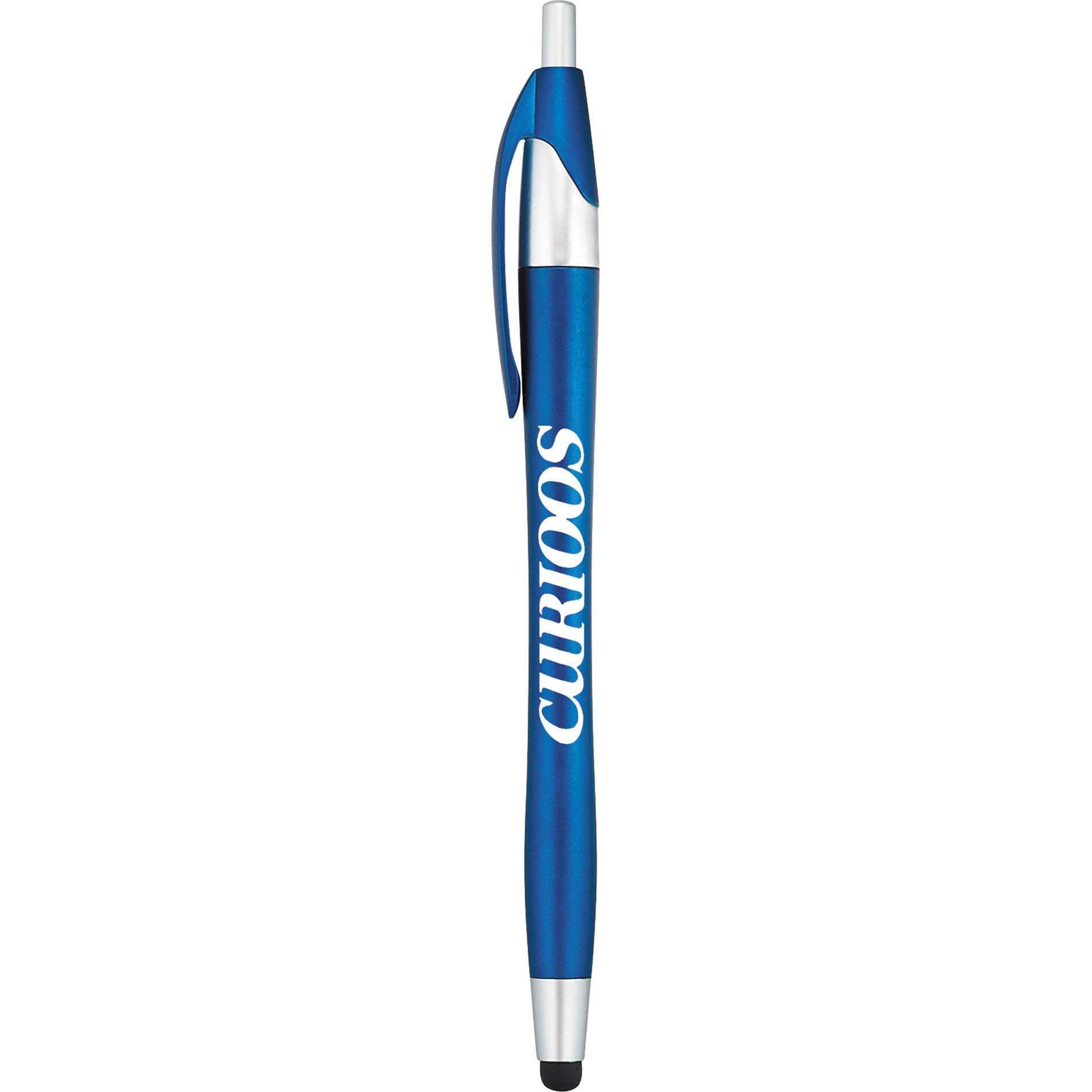 A blue stylus pen with a shiny finish and a branding logo on the side.