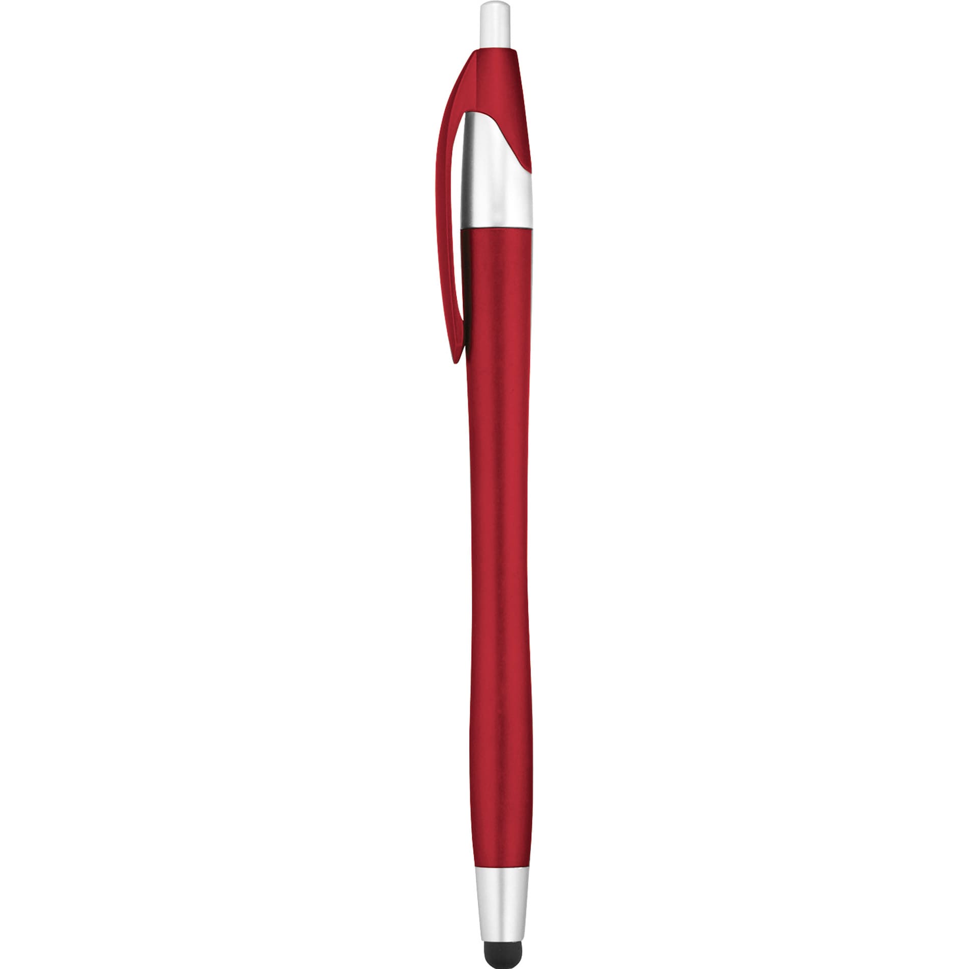 A red pen-stylus with a metallic silver clip and tip, featuring a logo on the body.