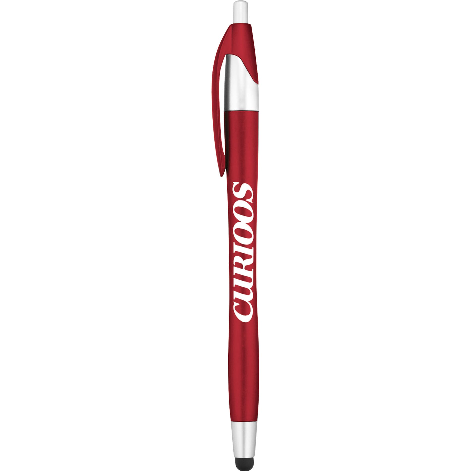 A red pen-stylus with a sleek design, featuring a clip and a branding logo on the side.