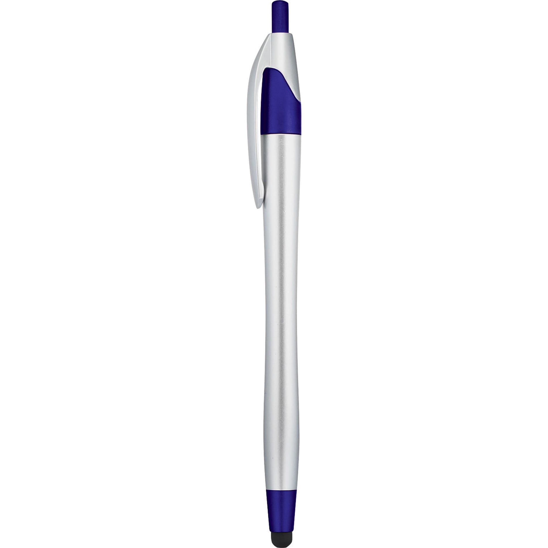 A stylus pen featuring a sleek silver body with a purple top, and a branding logo.