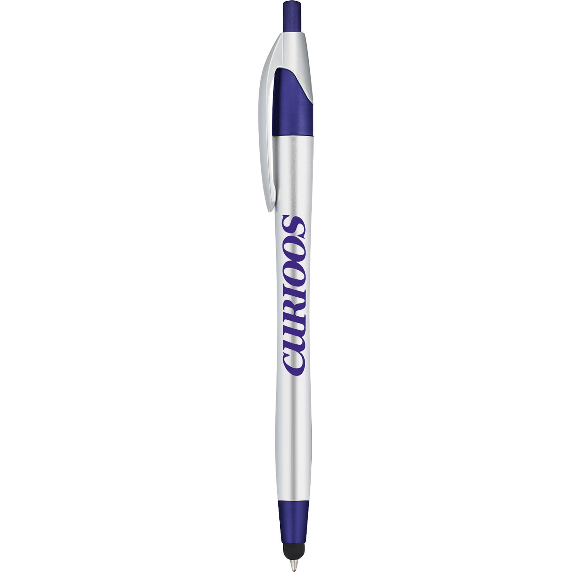 A stylus pen in silver with a blue clip and branding. It features a sleek and modern design.