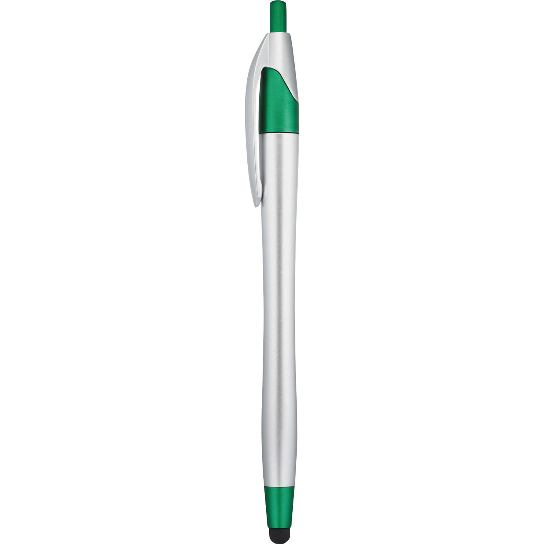 A stylus pen in silver and green, featuring a sleek design and a branded logo on the body.