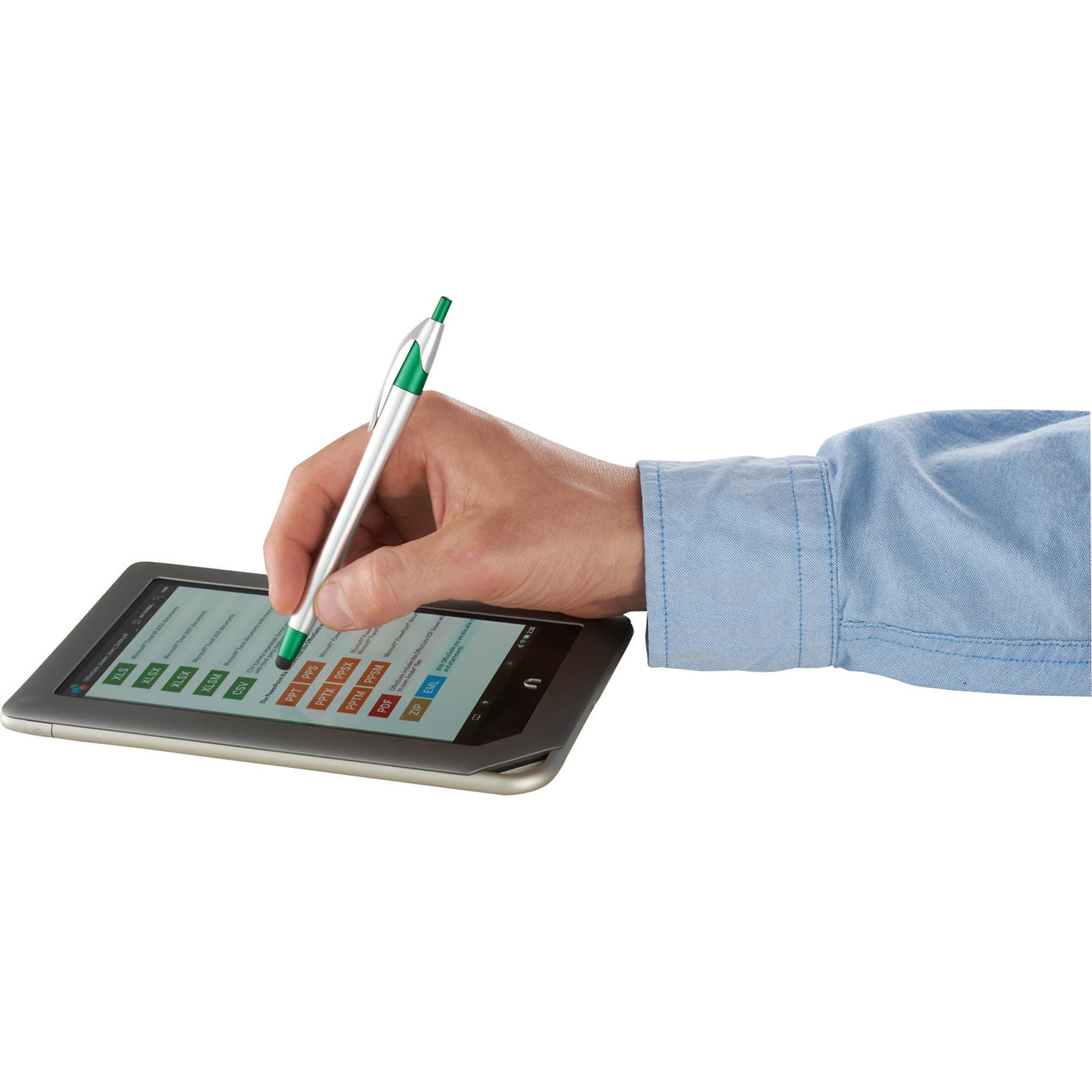 A stylus pen with a silver body and green accent, held by a hand, is used on a tablet screen.