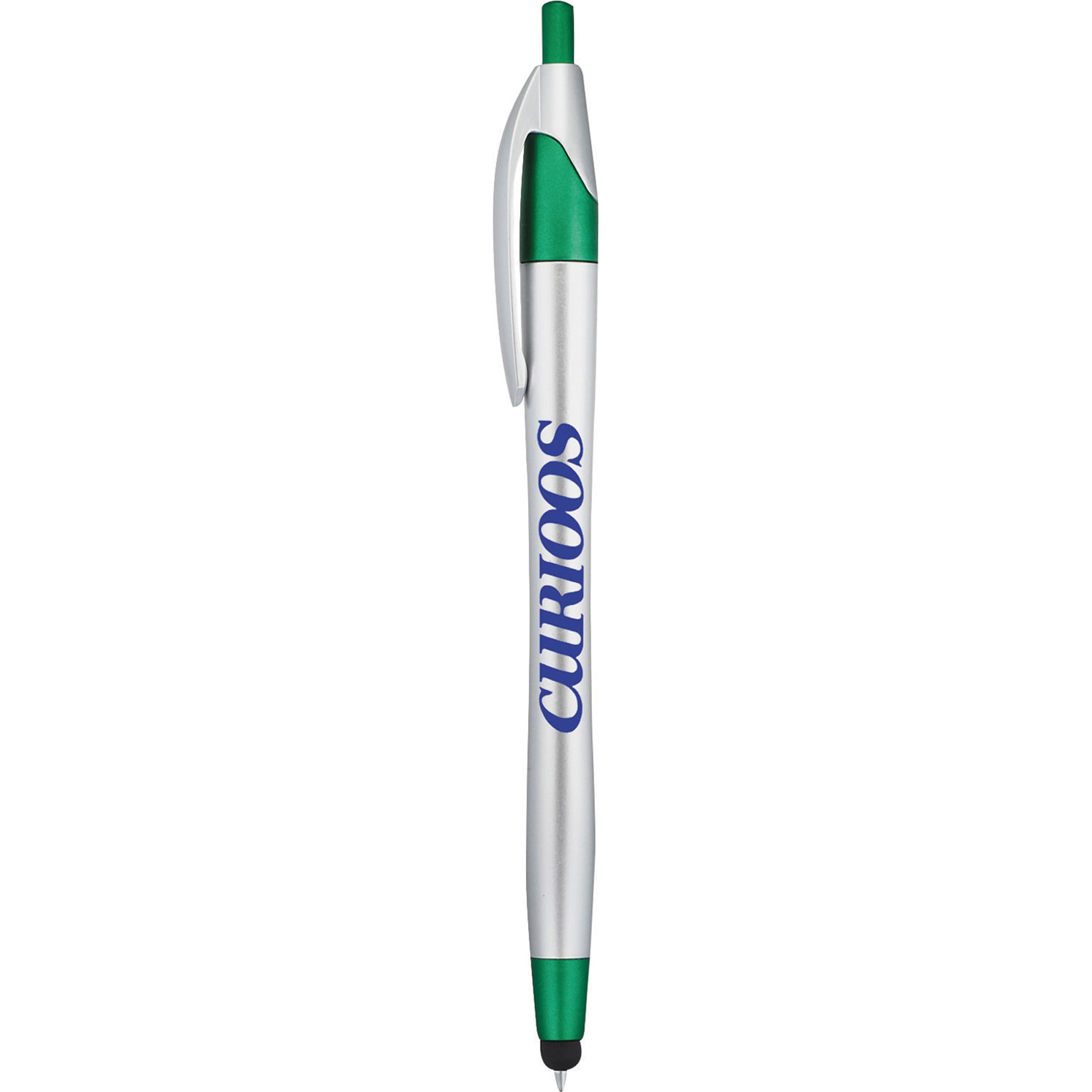 A stylus pen with a silver body and green accents, featuring a logo on its side.