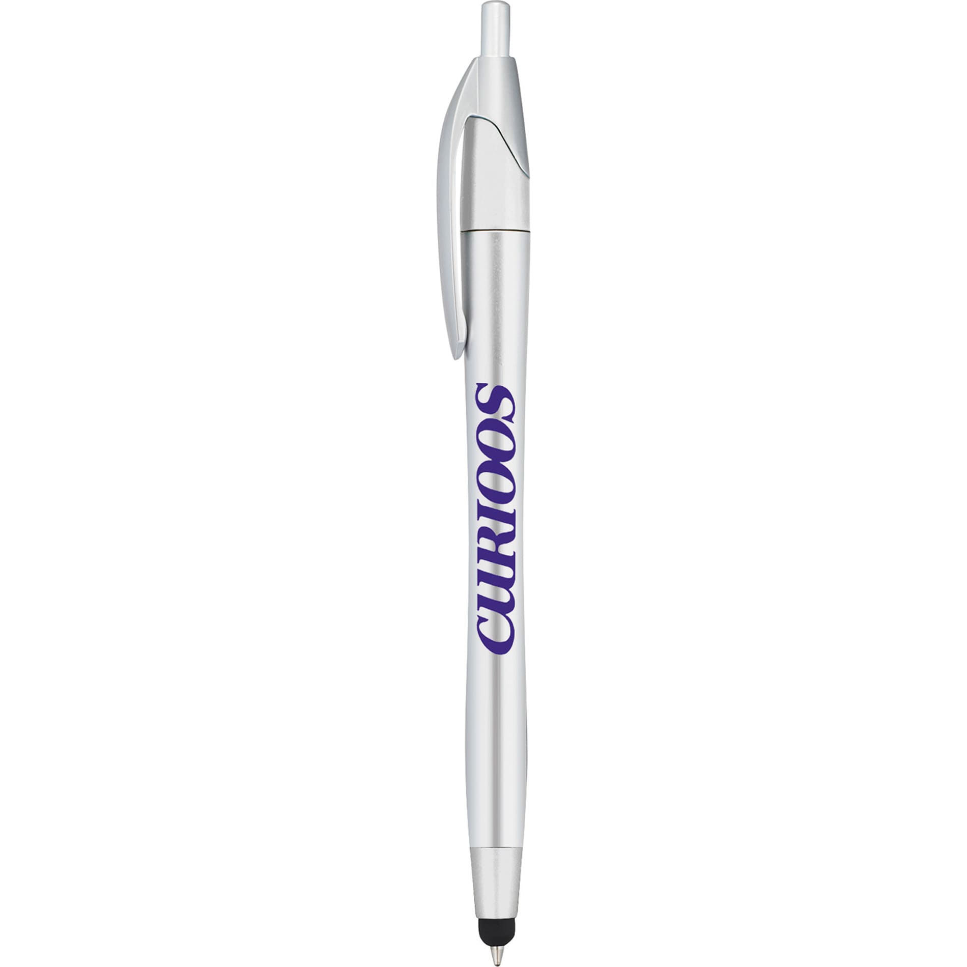 A silver stylus pen with a smooth finish and a clip. It features a logo.