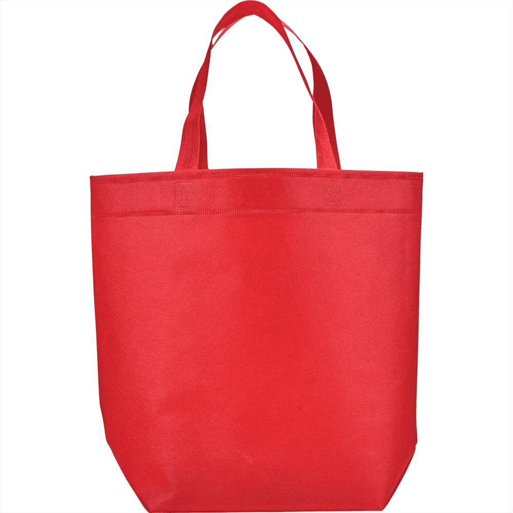 A red non-woven tote bag with two sturdy handles and a simple, unembellished design.