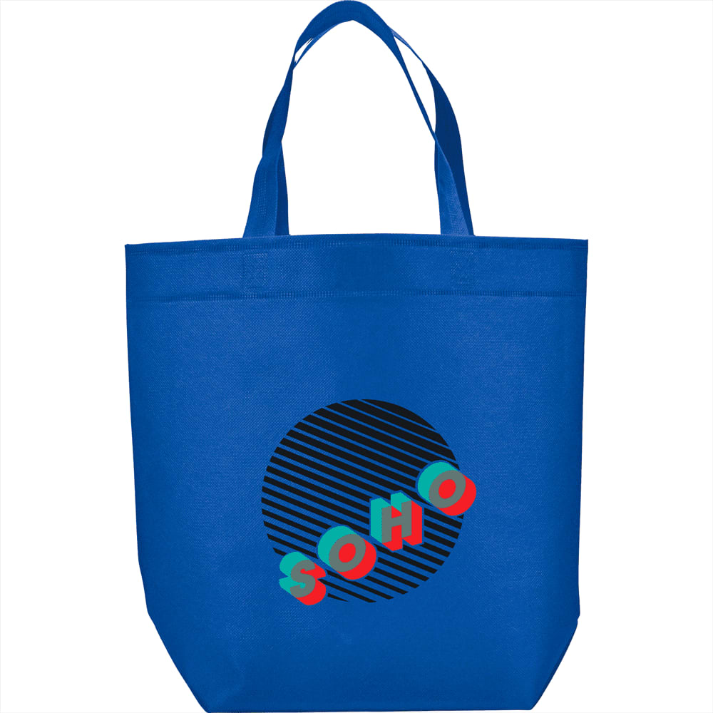 A blue non-woven shopper tote bag featuring a circular design and a logo. It has two sturdy handles.