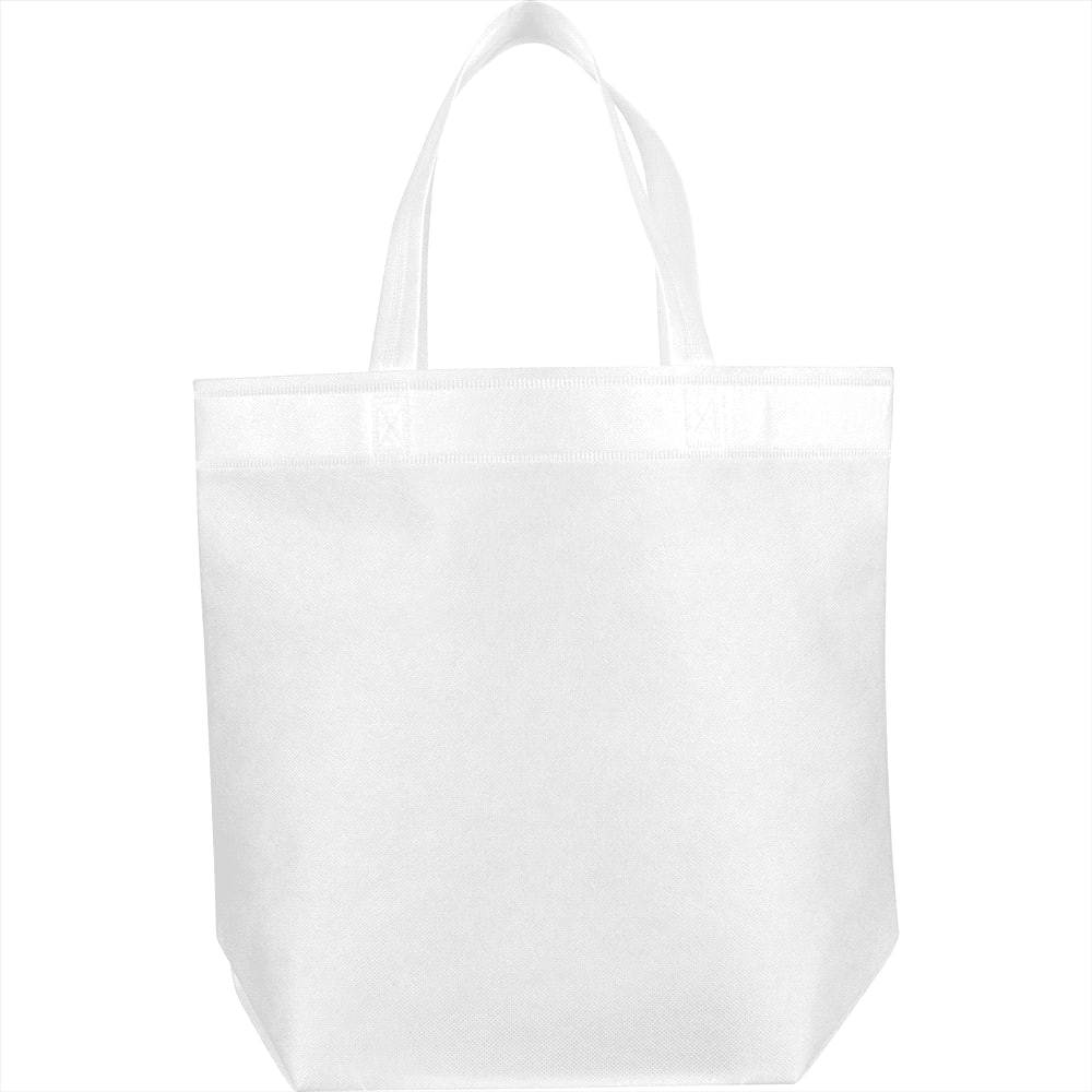 A white reusable grocery tote bag with two handles and a simple design. It features a branding logo.