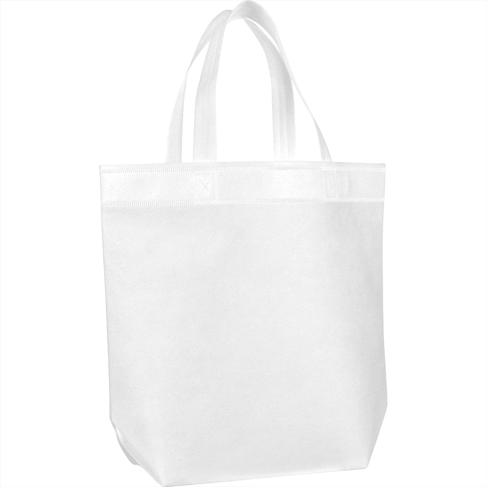A white non-woven tote bag with two handles and a branded logo. Ideal for reusable grocery shopping.