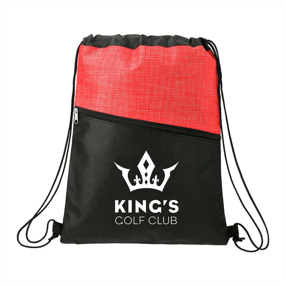 A black and red drawstring bag with a zippered pocket and a logo on the front.