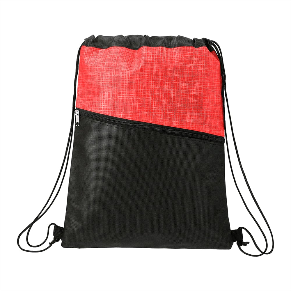 A red and black drawstring bag with a zippered front pocket and adjustable cords. It has a logo on the surface.