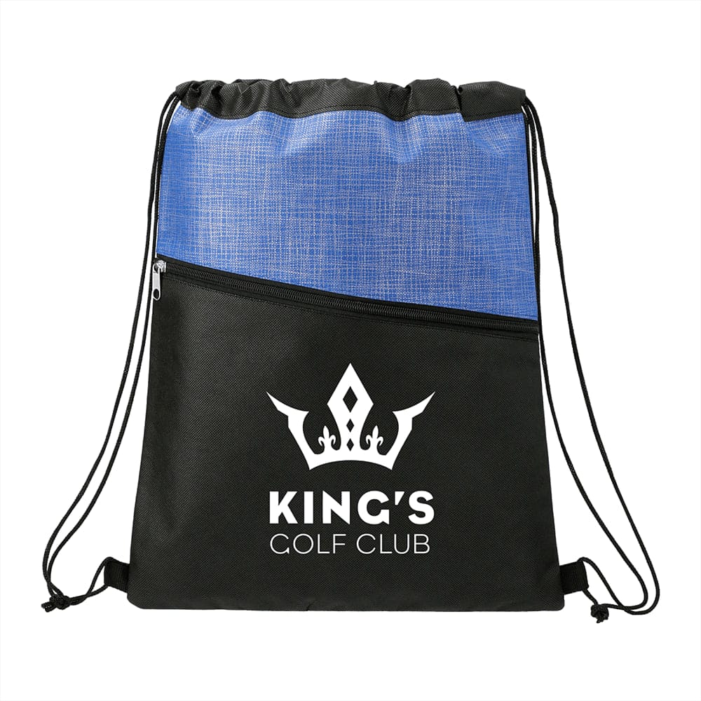 A blue and black drawstring bag featuring a zippered pocket and a logo. the bag has a textured design.