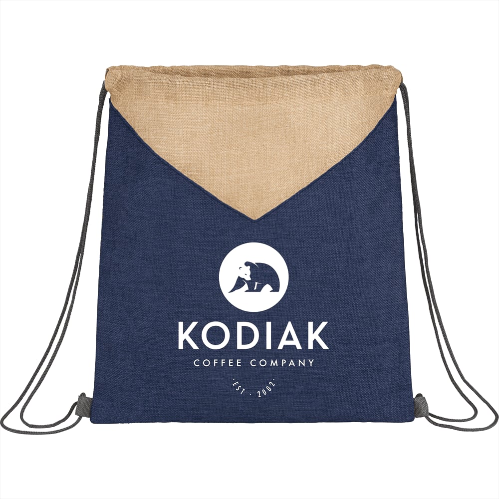 A navy drawstring bag with a tan top panel and a logo printed on the front. Features black drawstrings.