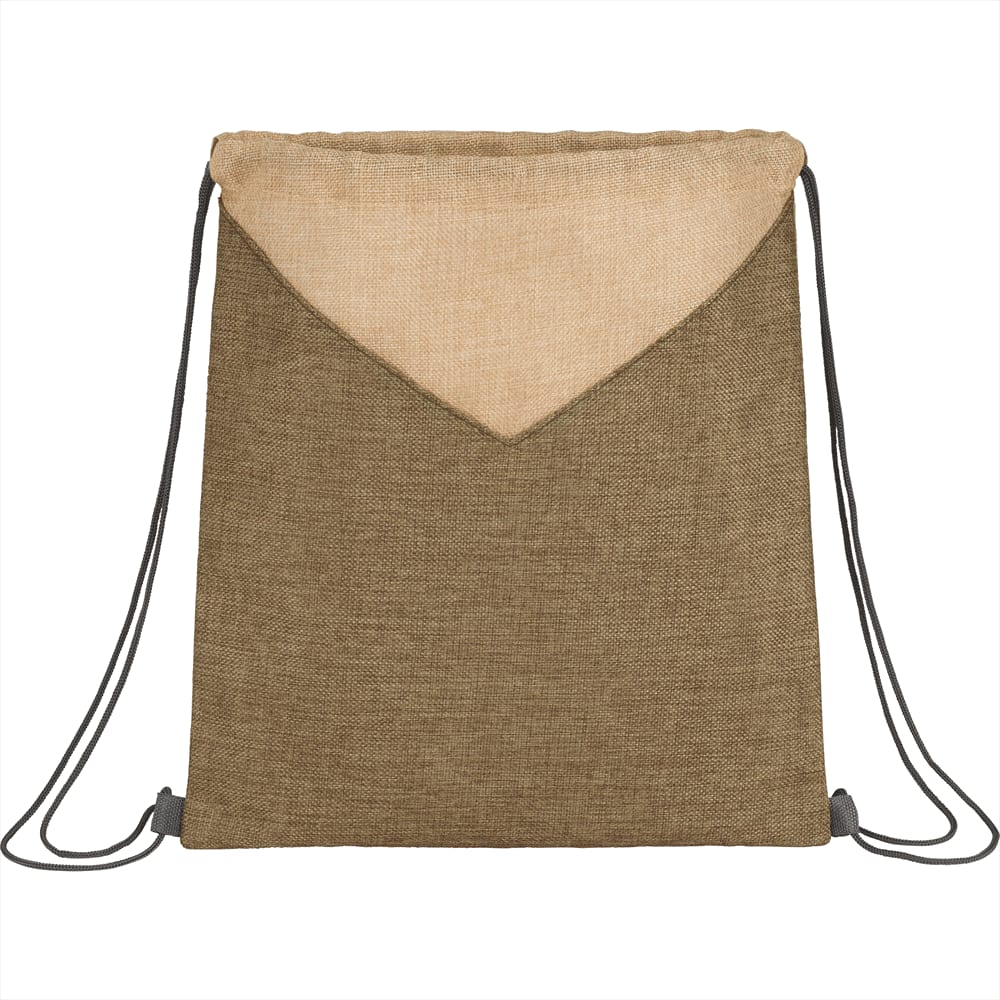A brown and tan drawstring bag with a logo and adjustable grey straps.