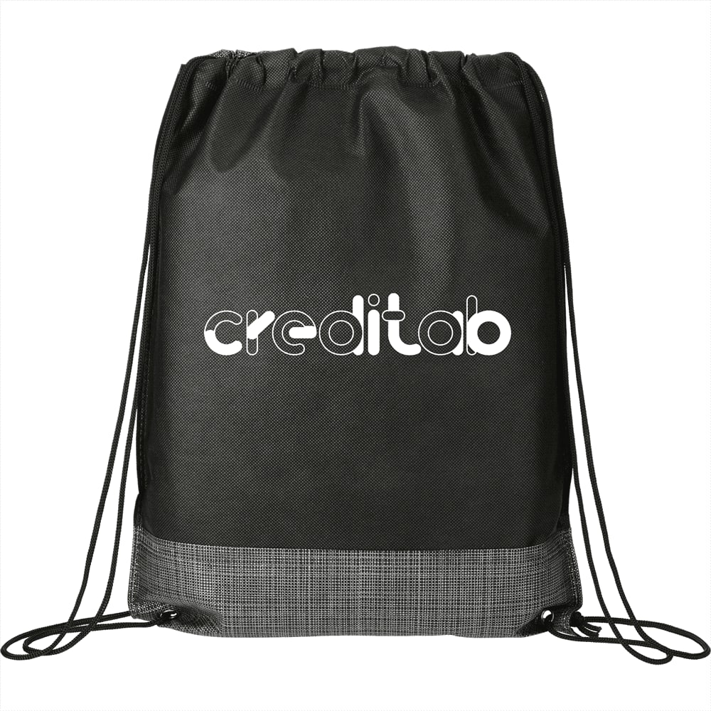 A black drawstring bag with a textured base and a logo on the front. Ideal for carrying small items.