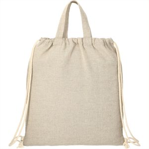 A neutral-coloured recycled cotton drawstring bag with rope closures and short handles, featuring a logo.