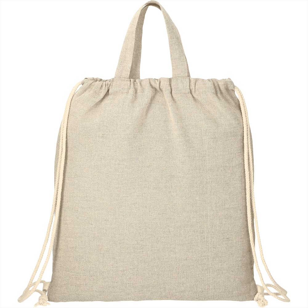 A neutral-coloured recycled cotton drawstring bag with rope closures and short handles, featuring a logo.