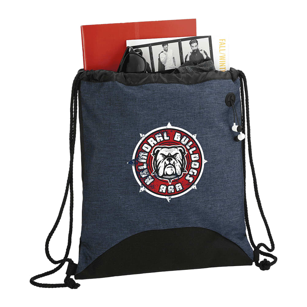 A dark blue drawstring sportspack with a logo, containing books and magazines.