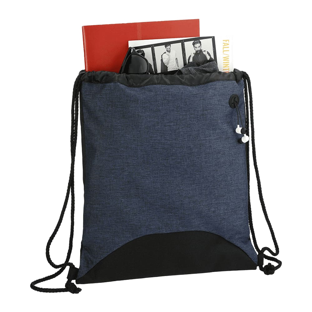 A drawstring sportspack in navy with black accents, containing a notebook and magazine. It has a logo.