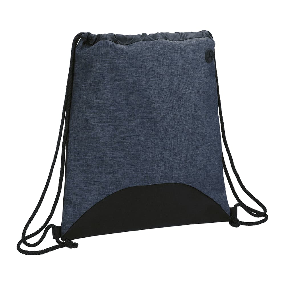 A drawstring sportspack in navy blue with a black bottom panel and a logo on the side.