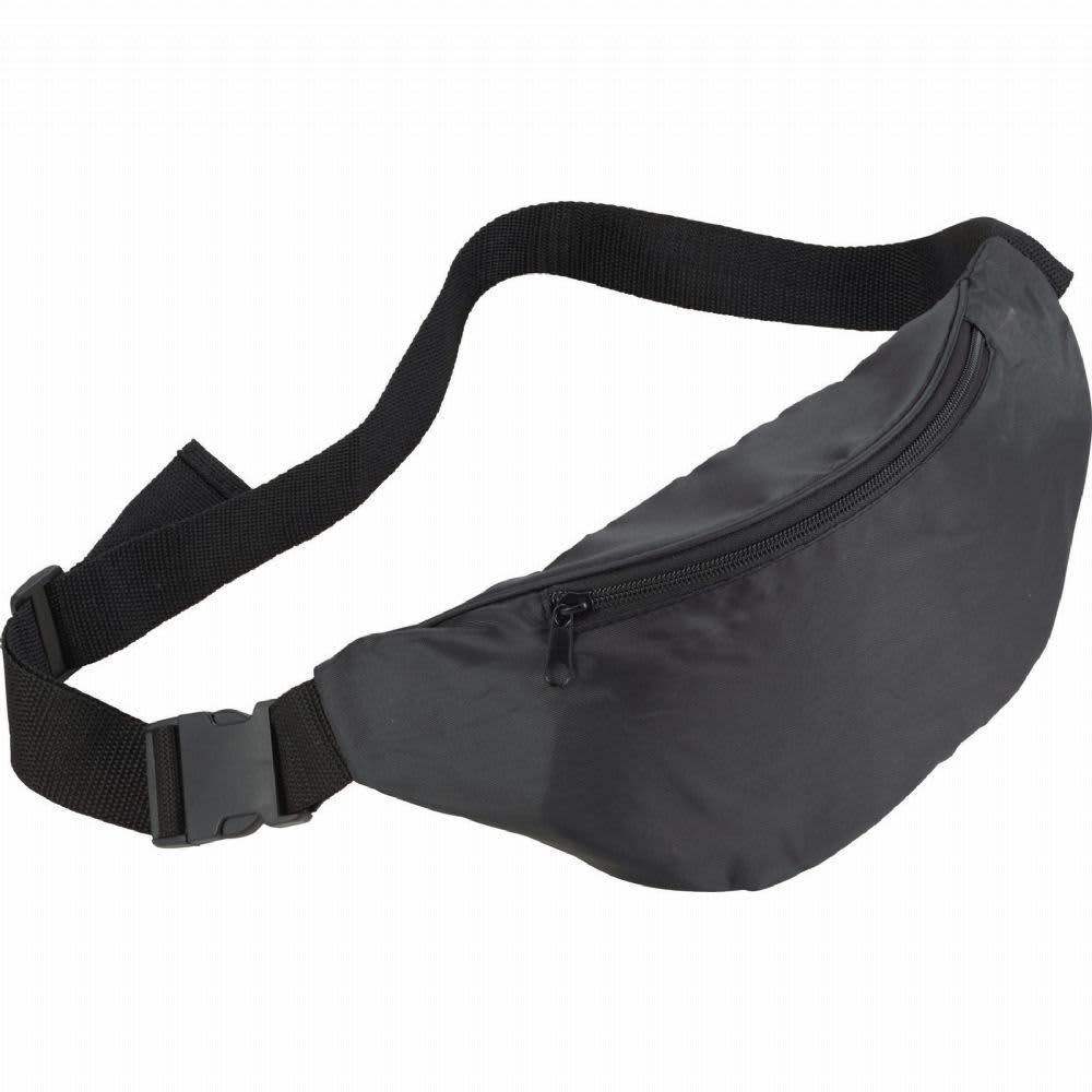 A black hipster budget fanny pack with a zippered compartment and adjustable strap. Features a logo on the front.