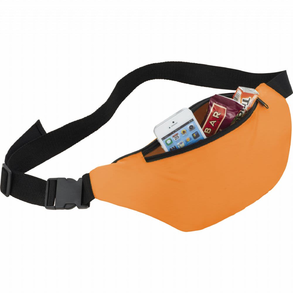 An orange fanny pack with a black strap, containing a phone and snack bars. It features a logo.